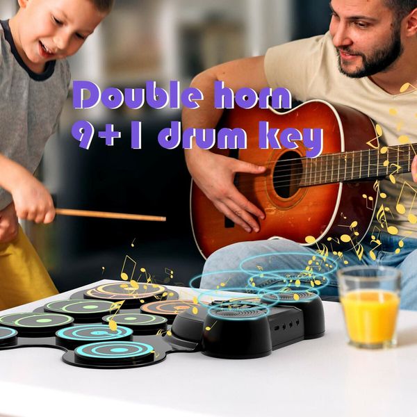 10 Pads Electronic Drum Sets, Drum Practice Pad with Headphone Jack, Built-in 2 Speaker Foot Pedals and Drumsticks, Kids Drum Set Compatible with MIDI Output