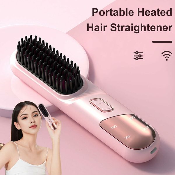 Portable Cordless Hair Straightener Brush USB Rechargeable Negative Ion Comb Color Pink