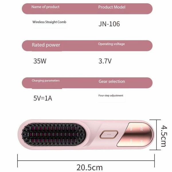 Portable Cordless Hair Straightener Brush USB Rechargeable Negative Ion Comb Color Pink