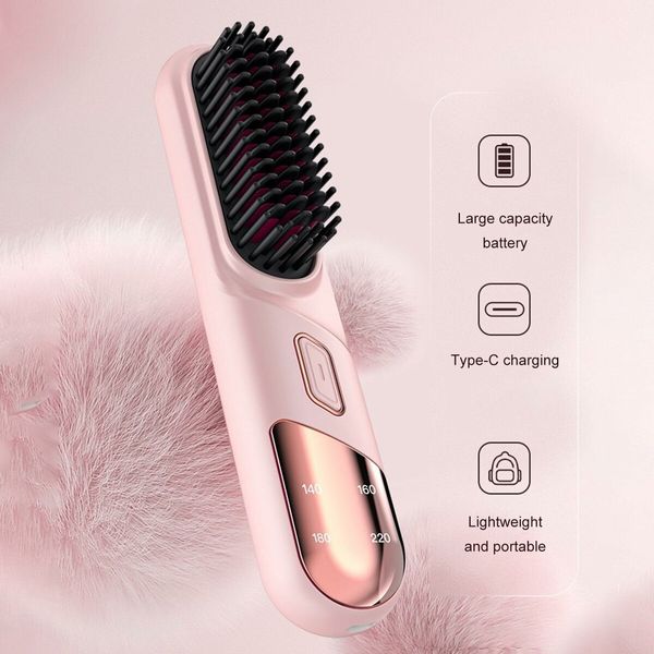 Portable Cordless Hair Straightener Brush USB Rechargeable Negative Ion Comb Color Pink