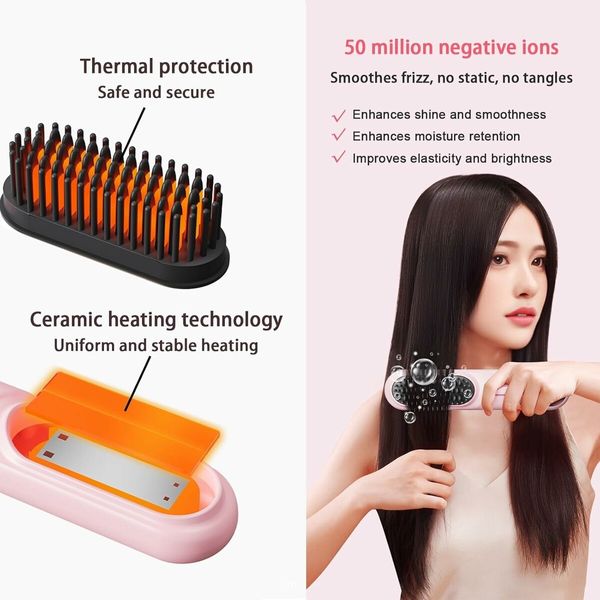 Portable Cordless Hair Straightener Brush USB Rechargeable Negative Ion Comb Color Pink