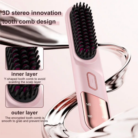 Portable Cordless Hair Straightener Brush USB Rechargeable Negative Ion Comb Color Pink