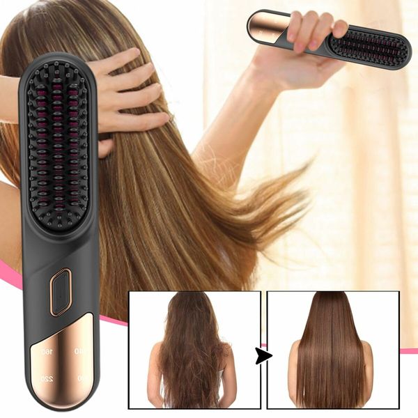 Portable Cordless Hair Straightener Brush USB Rechargeable Negative Ion Comb Color Black