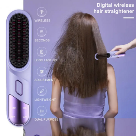 Portable Cordless Hair Straightener Brush USB Rechargeable Negative Ion Comb Color Black