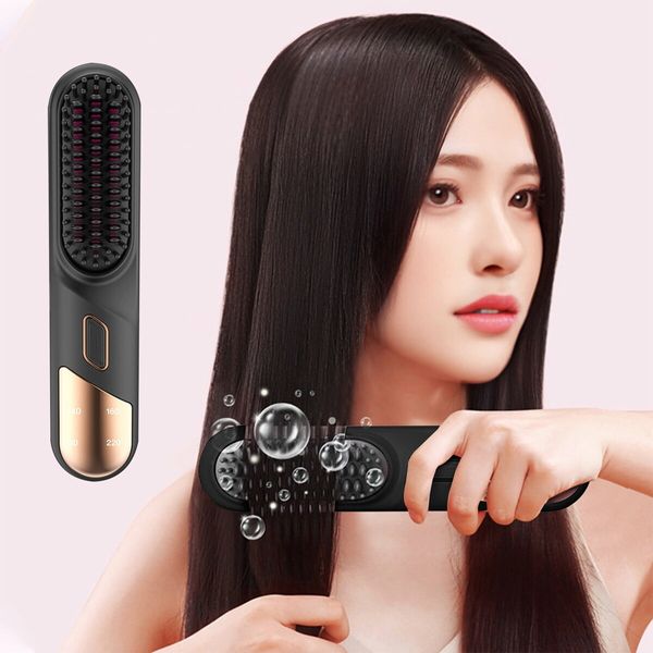 Portable Cordless Hair Straightener Brush USB Rechargeable Negative Ion Comb Color Black