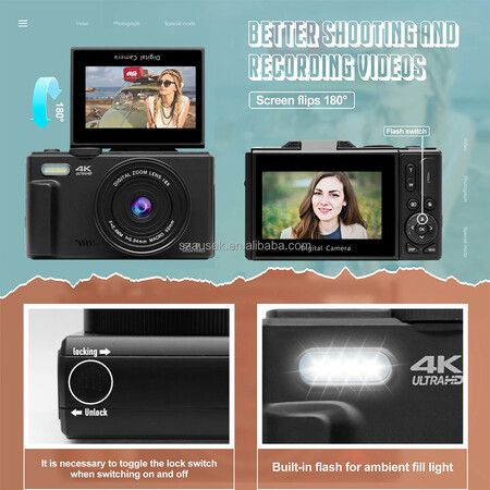 Digital Camera for Photography, 4K Vlogging Camera 180 Degree Flip Screen 18X Digital Zoom Compact Retro Camera with 64GB TF Card