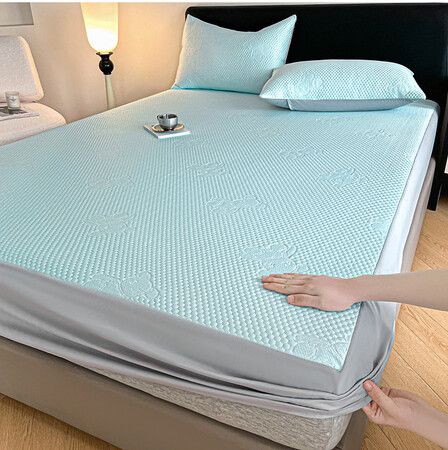 180*200cm 3p Set  Wrap Around  Bedding Mat  Summer Cool Feeling Silky Pillow Case Bean-shaped massage Breathable Antibacterial Foldable Washable