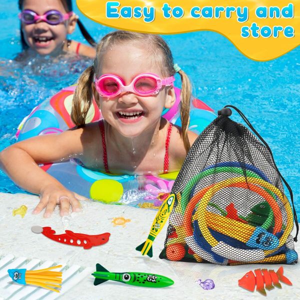 Diving Pool Toys for Kids Age 4-12,28Pcs Swimming Underwater Toys for Pool Party Favors,Summer Diving Toys with Fishes Rings Gems Mesh Bag