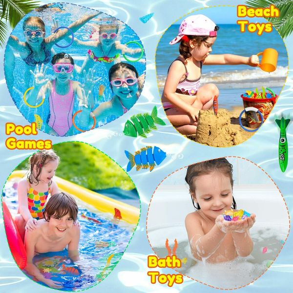 Diving Pool Toys for Kids Age 4-12,28Pcs Swimming Underwater Toys for Pool Party Favors,Summer Diving Toys with Fishes Rings Gems Mesh Bag