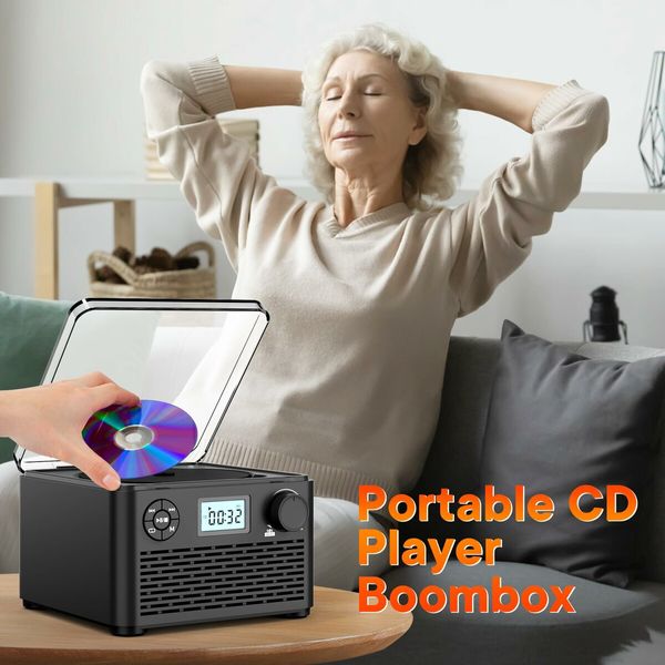 Portable CD Player with Speakers Dual,Rechargeable CD Player Bluetooth,Boombox CD Player with FM Radio,Plays CD/MP3 Disc/USB/TF,Headphone Jack