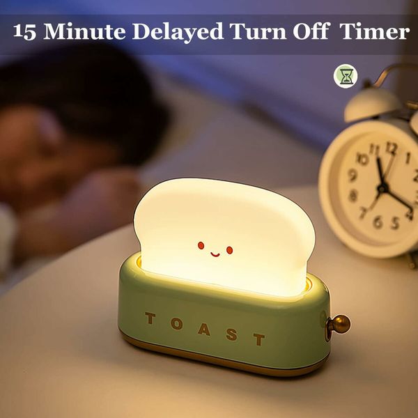 Cute Toast Lamp, Smile Face Night Light, LED Dimmable Bread Light, Rechargeable Desk Decor Lamp with Timer, Sleep Lamp for Bedroom Bedside Decorations, Aesthetic Gifts for Teen Girls, Green