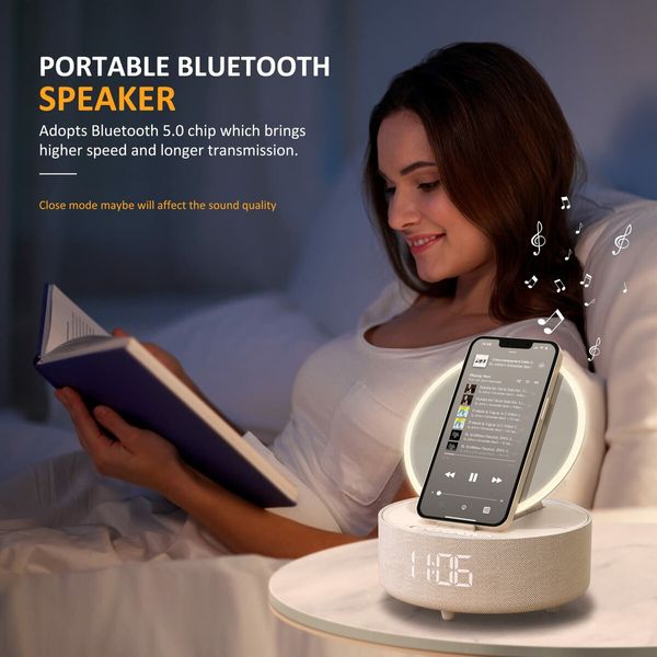 6-in-1 Bluetooth Speaker with Digital Alarm Clock,Mirror,Night Light,Phone Holder and Wireless Speaker Charger for Phone Music