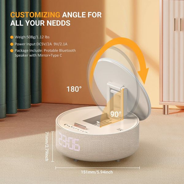 6-in-1 Bluetooth Speaker with Digital Alarm Clock,Mirror,Night Light,Phone Holder and Wireless Speaker Charger for Phone Music