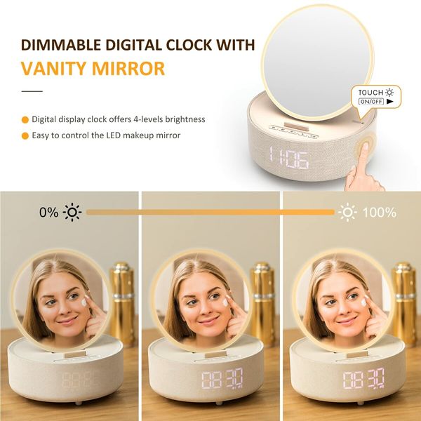 6-in-1 Bluetooth Speaker with Digital Alarm Clock,Mirror,Night Light,Phone Holder and Wireless Speaker Charger for Phone Music