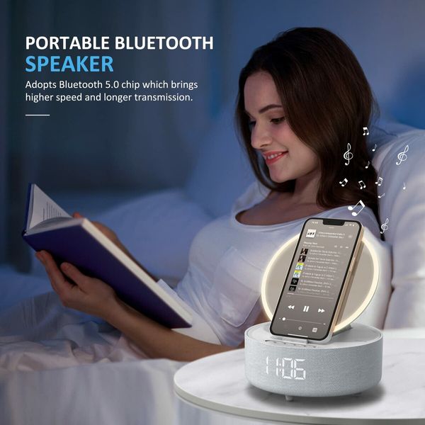 6-in-1 Bluetooth Speaker with Digital Alarm Clock,Mirror,Night Light,Phone Holder and Wireless Speaker Charger for Phone Music