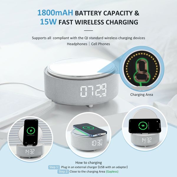 6-in-1 Bluetooth Speaker with Digital Alarm Clock,Mirror,Night Light,Phone Holder and Wireless Speaker Charger for Phone Music