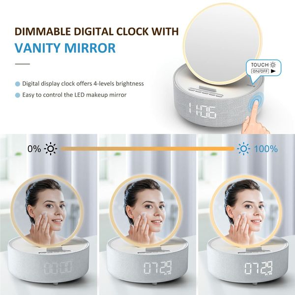 6-in-1 Bluetooth Speaker with Digital Alarm Clock,Mirror,Night Light,Phone Holder and Wireless Speaker Charger for Phone Music