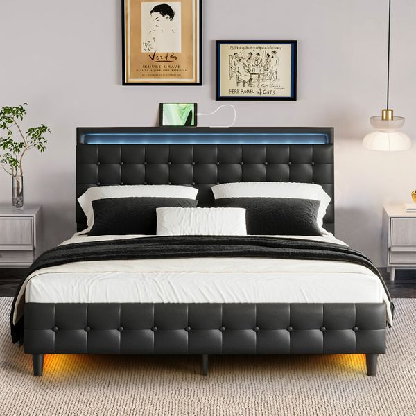 LED Bed Frame Queen Size Mattress Base Wooden Platform Foundation with Headboard Bedhead Sleep Bedroom Furniture Upholstered Black PU Metal