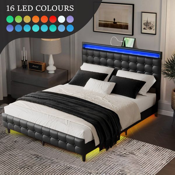 LED Bed Frame Queen Size Mattress Base Wooden Platform Foundation with Headboard Bedhead Sleep Bedroom Furniture Upholstered Black PU Metal