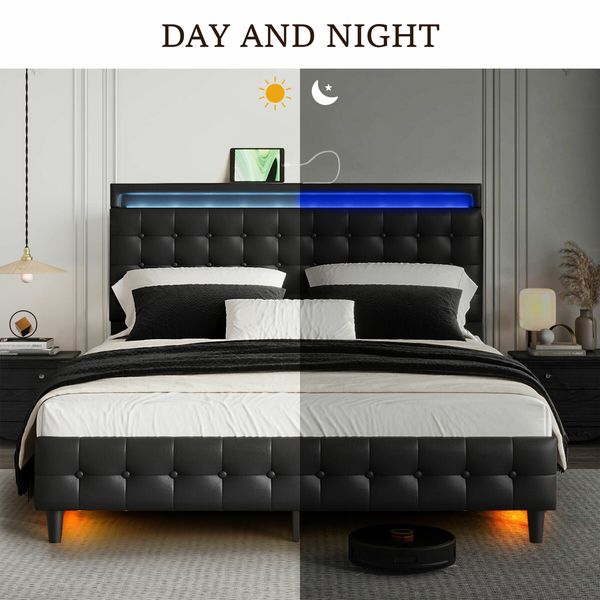 LED Bed Frame Queen Size Mattress Base Wooden Platform Foundation with Headboard Bedhead Sleep Bedroom Furniture Upholstered Black PU Metal