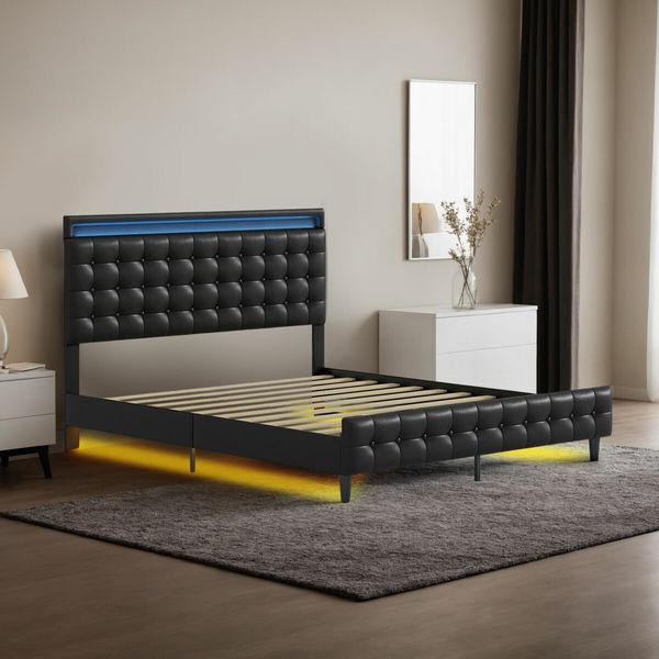 LED Bed Frame Queen Size Mattress Base Wooden Platform Foundation with Headboard Bedhead Sleep Bedroom Furniture Upholstered Black PU Metal