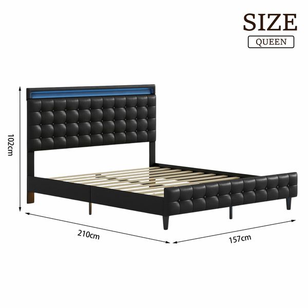 LED Bed Frame Queen Size Mattress Base Wooden Platform Foundation with Headboard Bedhead Sleep Bedroom Furniture Upholstered Black PU Metal