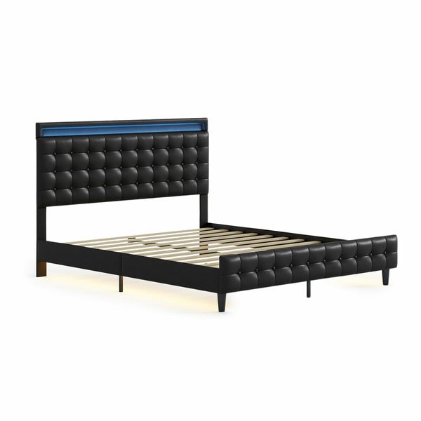 LED Bed Frame Queen Size Mattress Base Wooden Platform Foundation with Headboard Bedhead Sleep Bedroom Furniture Upholstered Black PU Metal