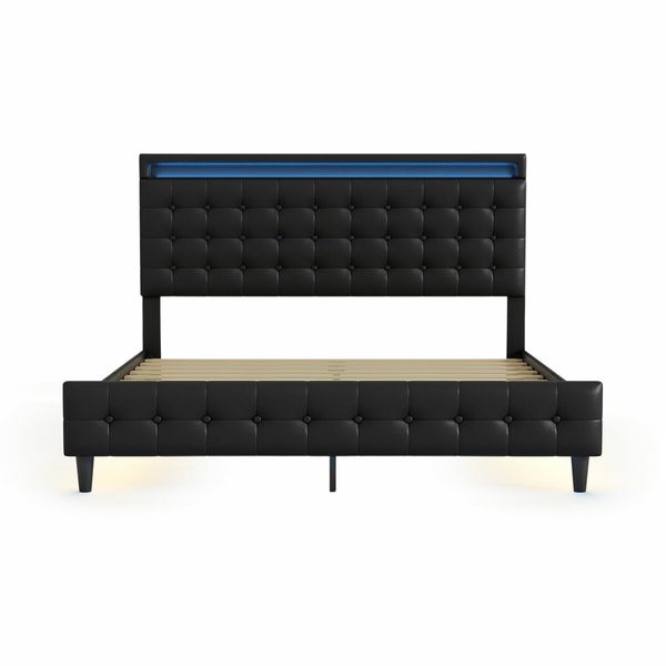 LED Bed Frame Queen Size Mattress Base Wooden Platform Foundation with Headboard Bedhead Sleep Bedroom Furniture Upholstered Black PU Metal