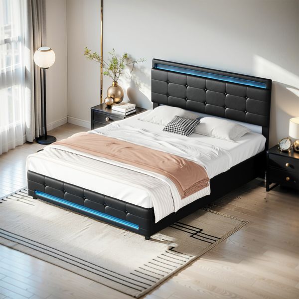 Led Gas Lift Bed Frame Queen Size Wooden Mattress Base Platform Upholstered Headboard Storage Foundation Bedhead PU Leather Furniture