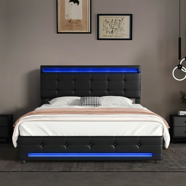 Led Gas Lift Bed Frame Queen Size Wooden Mattress Base Platform Upholstered Headboard Storage Foundation Bedhead PU Leather Furniture