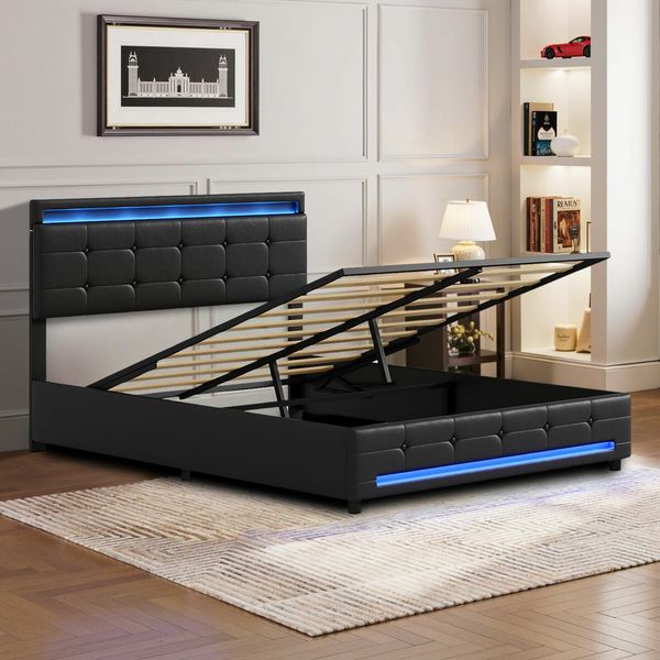 Led Gas Lift Bed Frame Queen Size Wooden Mattress Base Platform Upholstered Headboard Storage Foundation Bedhead PU Leather Furniture