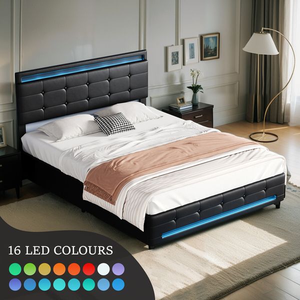 Led Gas Lift Bed Frame Queen Size Wooden Mattress Base Platform Upholstered Headboard Storage Foundation Bedhead PU Leather Furniture