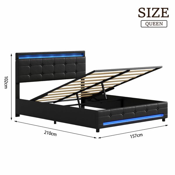 Led Gas Lift Bed Frame Queen Size Wooden Mattress Base Platform Upholstered Headboard Storage Foundation Bedhead PU Leather Furniture