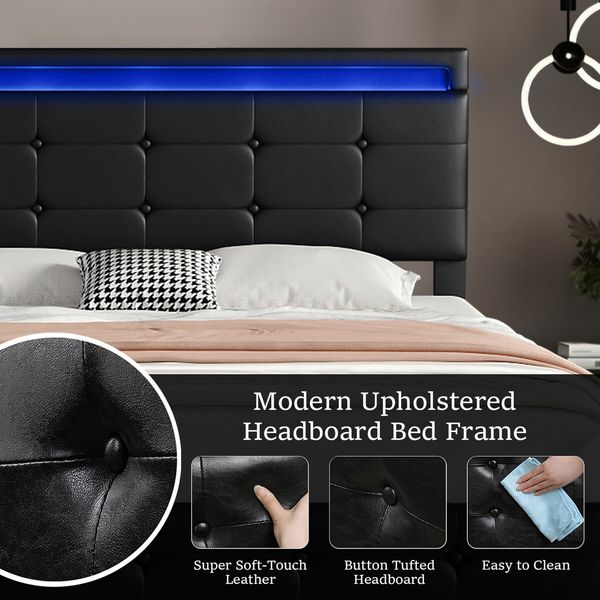 Led Gas Lift Bed Frame Queen Size Wooden Mattress Base Platform Upholstered Headboard Storage Foundation Bedhead PU Leather Furniture