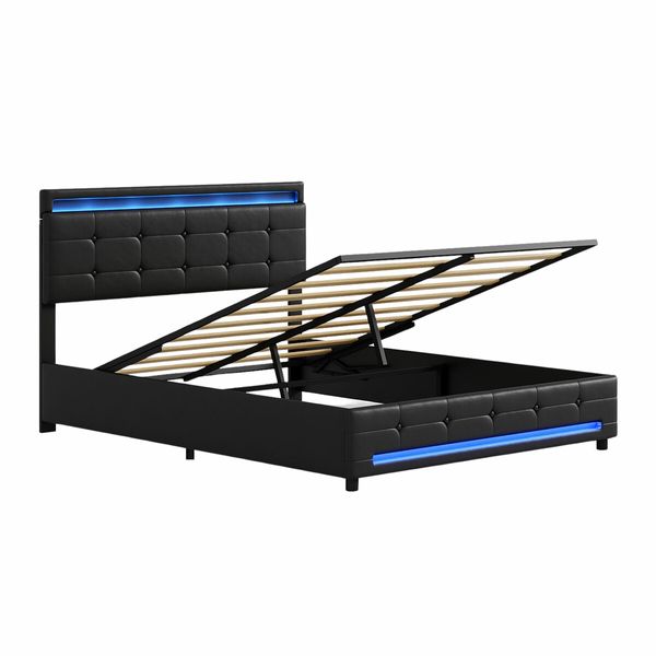 Led Gas Lift Bed Frame Queen Size Wooden Mattress Base Platform Upholstered Headboard Storage Foundation Bedhead PU Leather Furniture