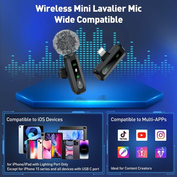 Wireless Lavalier Microphone for iPhone Recording Clip-on Mini Mic for iPhone/for iPad Video Recording with Rotatable Clip&Denoise Recording,Portable Mic Set for Content Creators