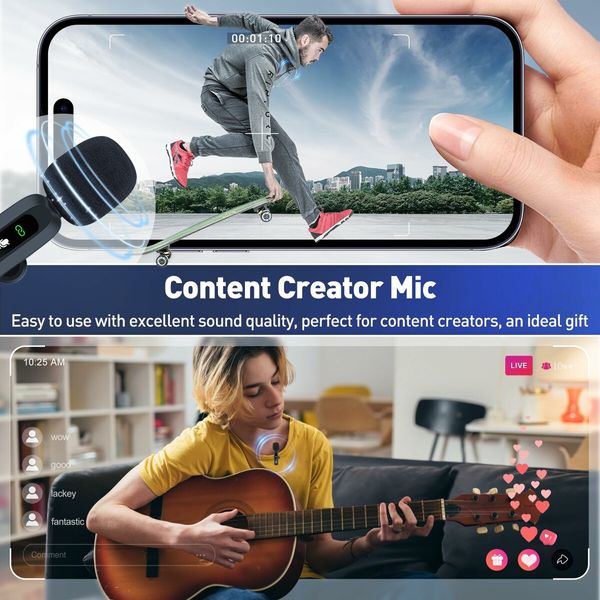 Wireless Lavalier Microphone for iPhone Recording Clip-on Mini Mic for iPhone/for iPad Video Recording with Rotatable Clip&Denoise Recording,Portable Mic Set for Content Creators