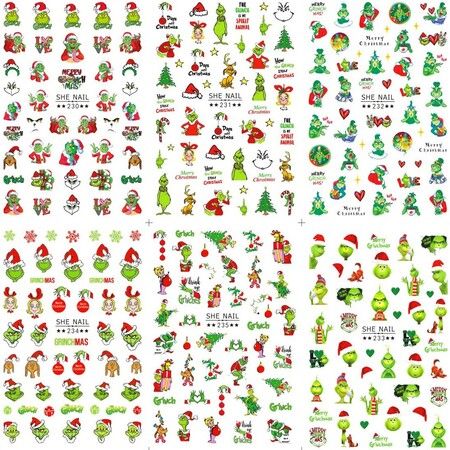 6 Sheets Grinch Nail Art Stickers Christmas Cartoon Adhesive Decals for DIY Nails