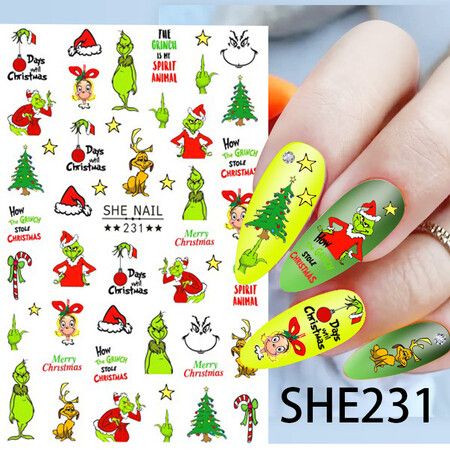 6 Sheets Grinch Nail Art Stickers Christmas Cartoon Adhesive Decals for DIY Nails