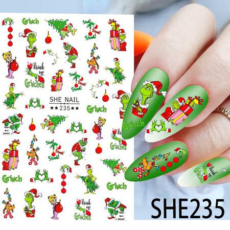 6 Sheets Grinch Nail Art Stickers Christmas Cartoon Adhesive Decals for DIY Nails