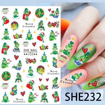 6 Sheets Grinch Nail Art Stickers Christmas Cartoon Adhesive Decals for DIY Nails