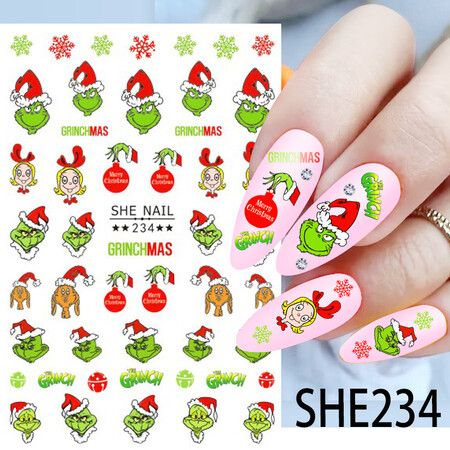 6 Sheets Grinch Nail Art Stickers Christmas Cartoon Adhesive Decals for DIY Nails