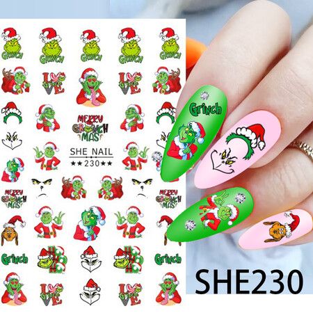 6 Sheets Grinch Nail Art Stickers Christmas Cartoon Adhesive Decals for DIY Nails