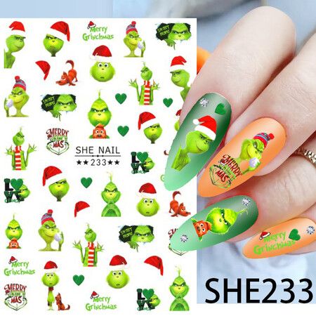 6 Sheets Grinch Nail Art Stickers Christmas Cartoon Adhesive Decals for DIY Nails