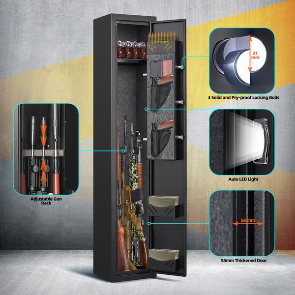 Steel Gun Safe Box Case 4 Rifles Cabinet 6 Pistols Holder Firearm Locker with LED Home Storage Security Lockbox Heavy Duty Organizer Digital Keypad