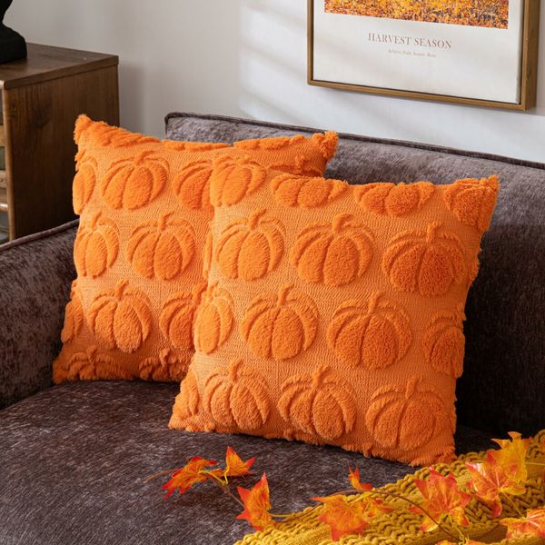 Pumpkin Fall Decorative Throw Pillow Covers,Set of 2 Rust Red Soft Faux Fur Pillow Covers,Fluffy Plush Accent Pillow Cases (Orange,45 x 45cm)