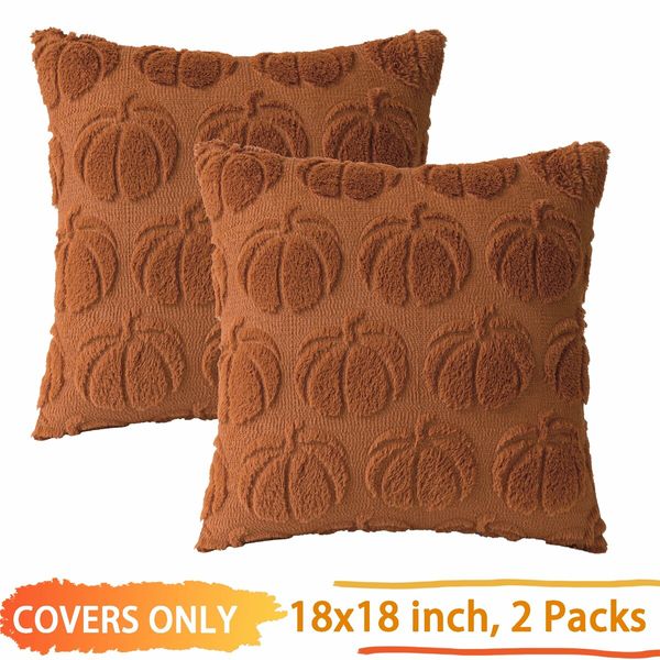 Pumpkin Fall Decorative Throw Pillow Covers,Set of 2 Rust Red Soft Faux Fur Pillow Covers for Autumn Harvest,Fluffy Plush Accent Pillow Cases for Farmhouse Couch Cushion Covers (Brown,45 x 45cm)