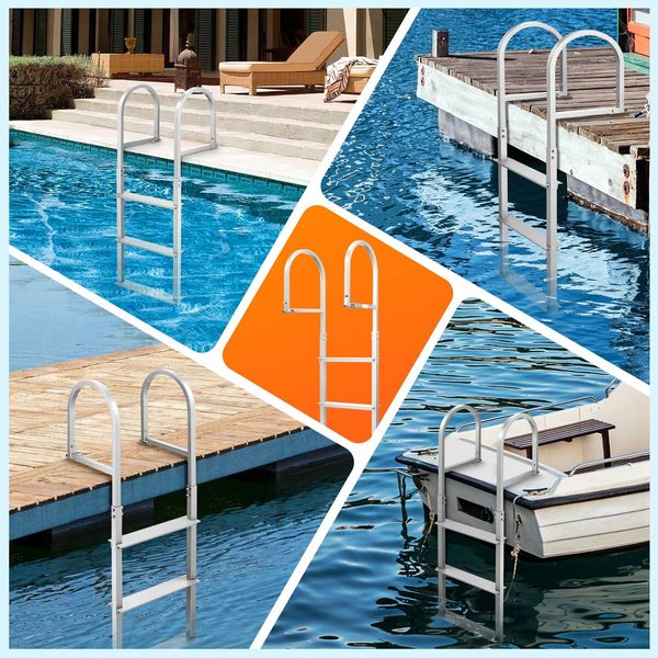 3-Step Boat Dock Pool Ladder Removable Aluminium Stairs Pontoon Deck Boarding Steps 227kg Load Inground Swim Pools Safety Handrail Non Slip