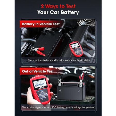 BA101 Car Battery Tester, 12V Digital Automotive Batteries and Alternator Diagnostic Tool, 100 to 2000 CCA Load Capacity, Charging and Cranking Analysis for Motorcycle, Truck, Boat, RV, Marine and More