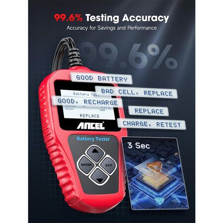 BA101 Car Battery Tester, 12V Digital Automotive Batteries and Alternator Diagnostic Tool, 100 to 2000 CCA Load Capacity, Charging and Cranking Analysis for Motorcycle, Truck, Boat, RV, Marine and More